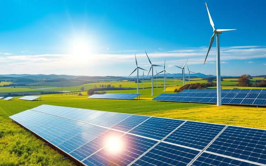 solar panels and wind turbines in a decentralized energy system